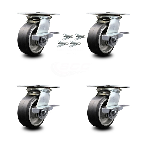 5 Inch Rubber on Aluminum Caster Set with Roller Bearings and Brakes/Swivel Lock
